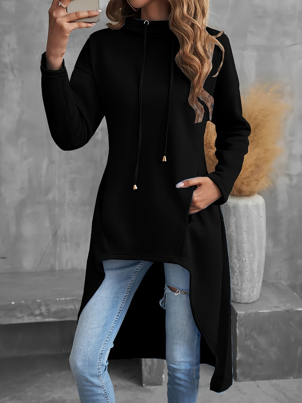 Women's Hi-Low Hem Hoodie Sweatshirt Casual Long Sleeve Drawstring Pullover Solid Color Hooded Top Red Black Blue Grey Yellow S-XXL