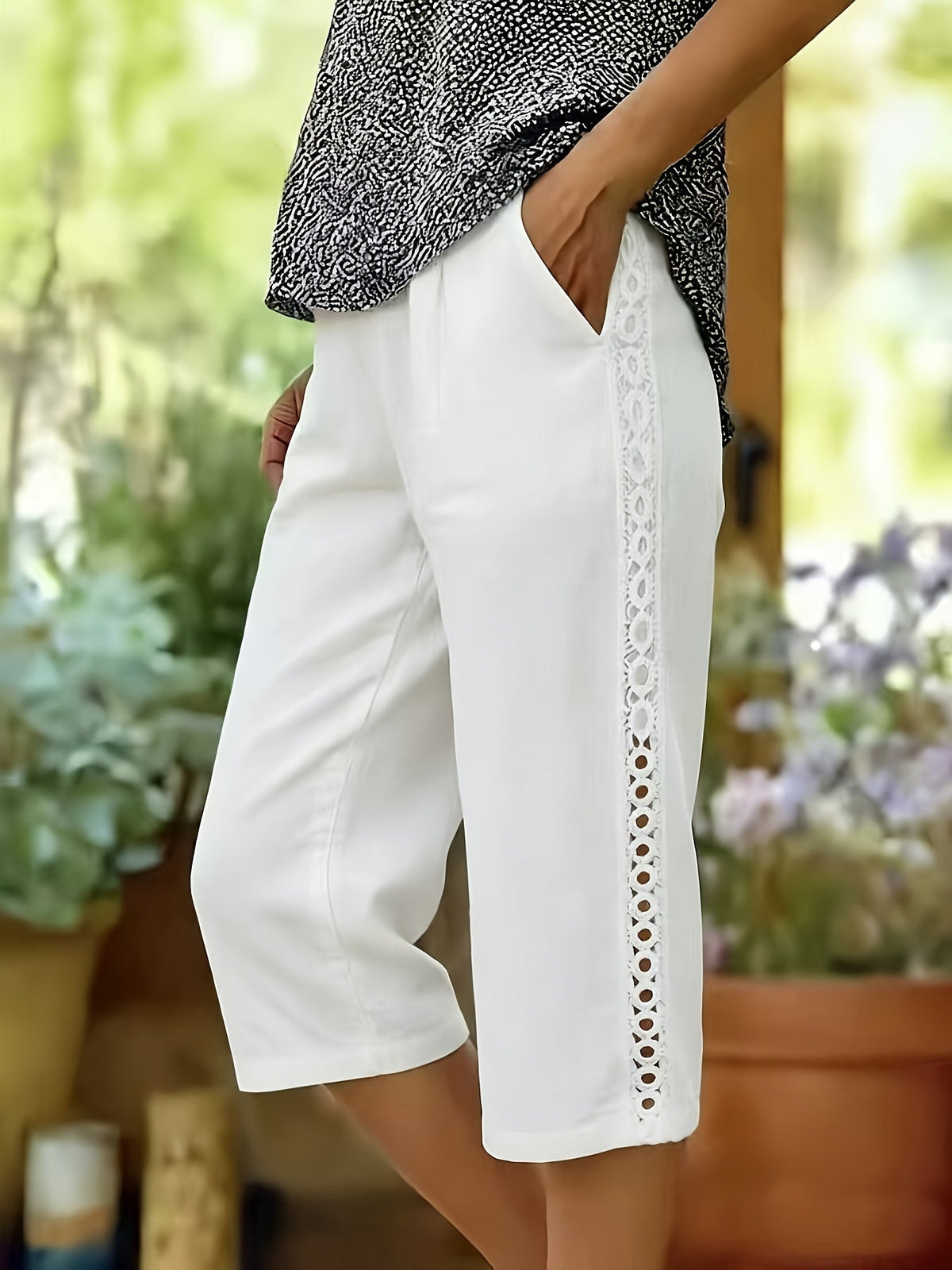 Women's Capri Pants Side Lace Elastic Waist Diagonal Pockets Casual Three Quarter Length Pants Green Black White Grey Sky Blue Khaki S-XXL