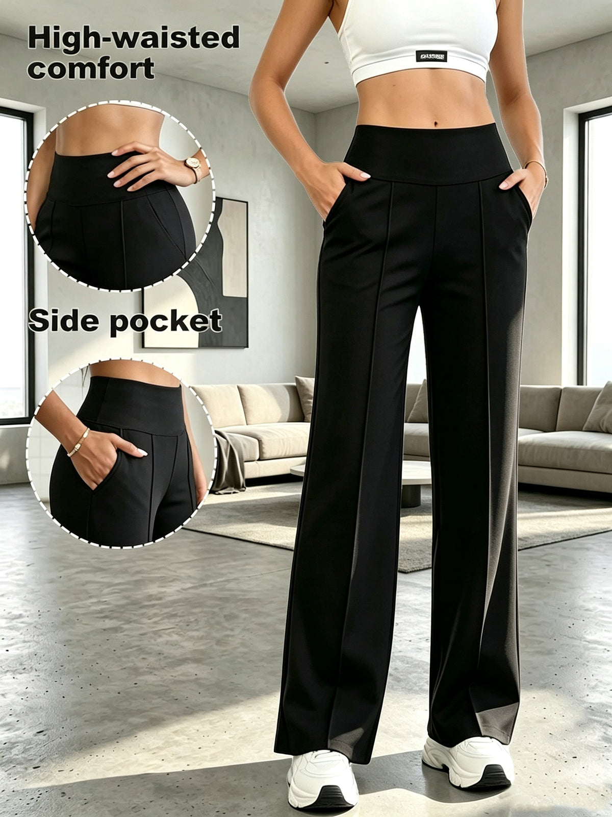 High Waist Tummy Control Wide Leg Pants Women with Pockets - Flowy Straight Leg Trousers, Soft Yoga Athletic Pants for Commute Casual Wear S M L XL