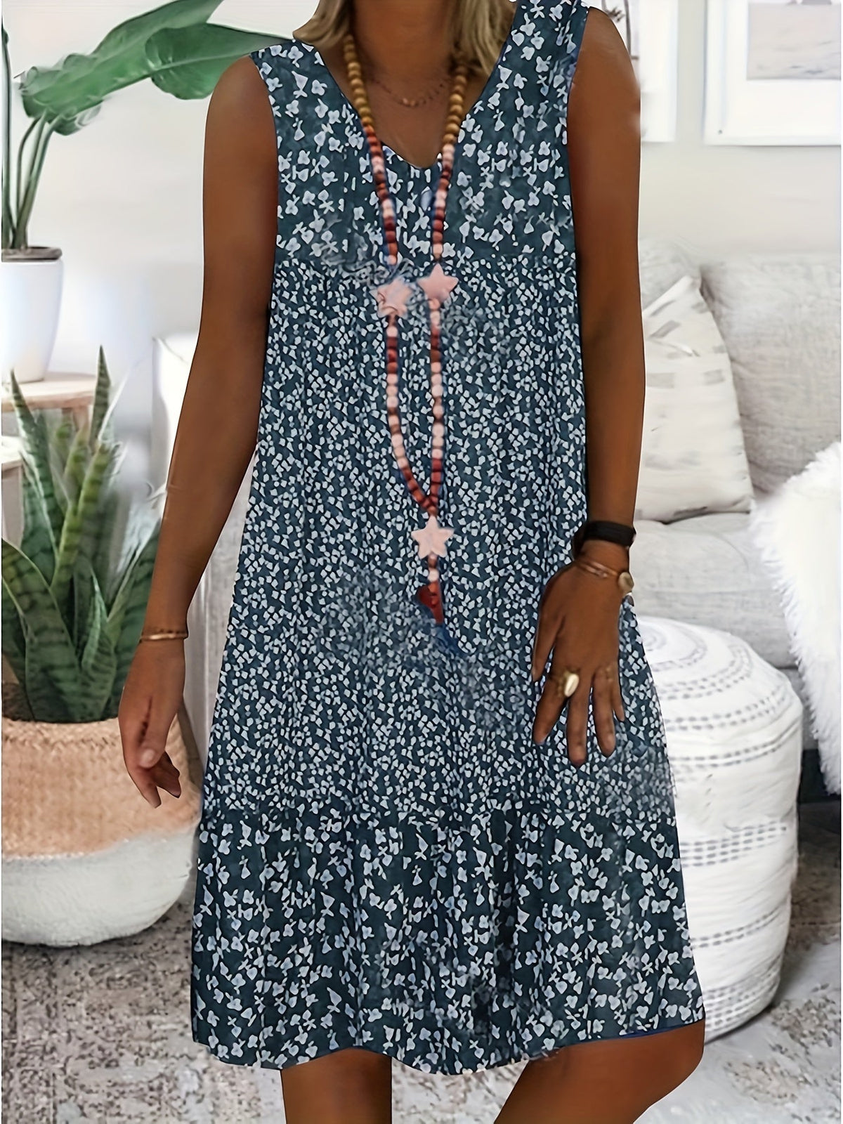 Women's V-Neck Sleeveless Dress Summer Floral Print Casual Sundress Loose Fit Beach Vacation Dress for Women S M L XL XXL