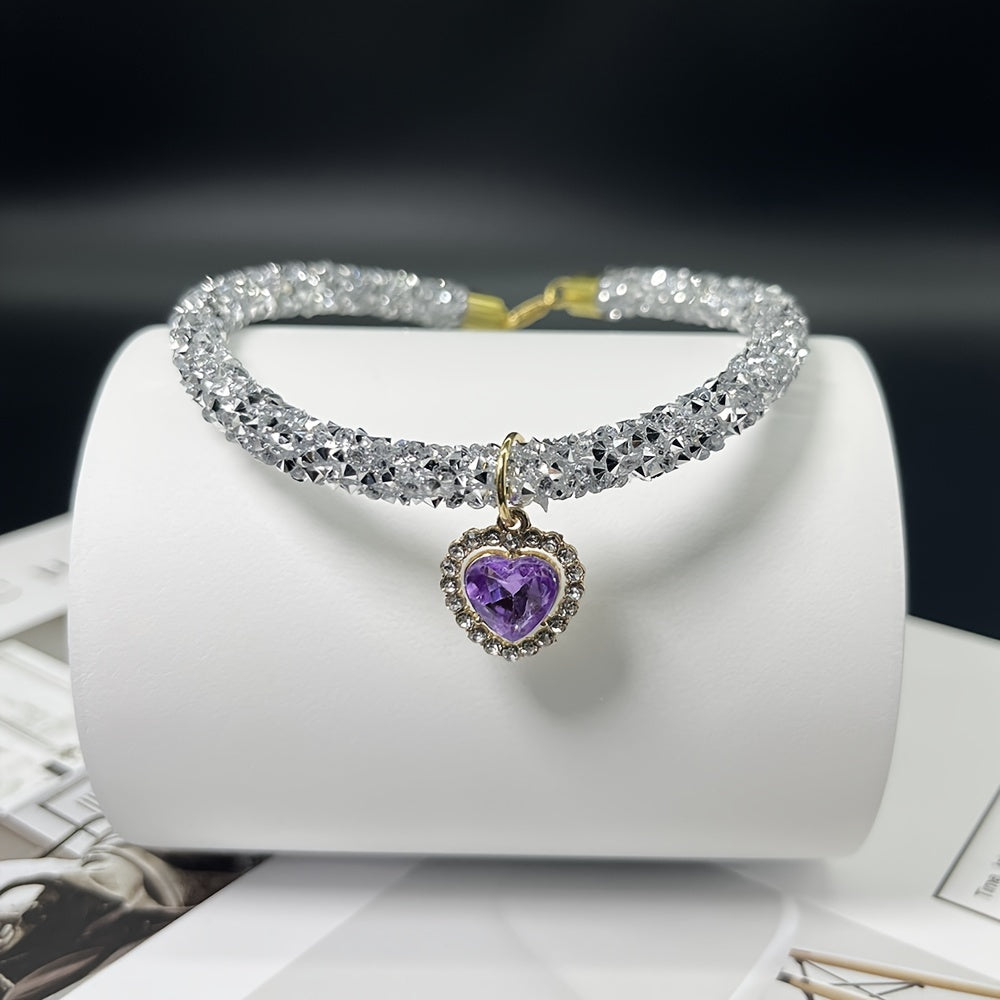 Cat Collar Necklace with Rhinestone Heart Pendant - Cute Bling Pet Collar for Cats & Small Dogs, Adjustable Breakaway Safety Collar, Fashion Pet Jewelry Accessory