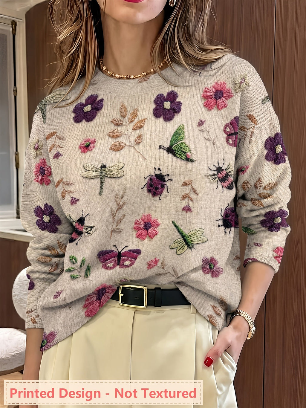 Women's Insect Floral Print Sweater Casual Long Sleeve Crew Neck Pullover Knit Top for Autumn Winter | Lightweight Soft Stretch All-Over Pattern