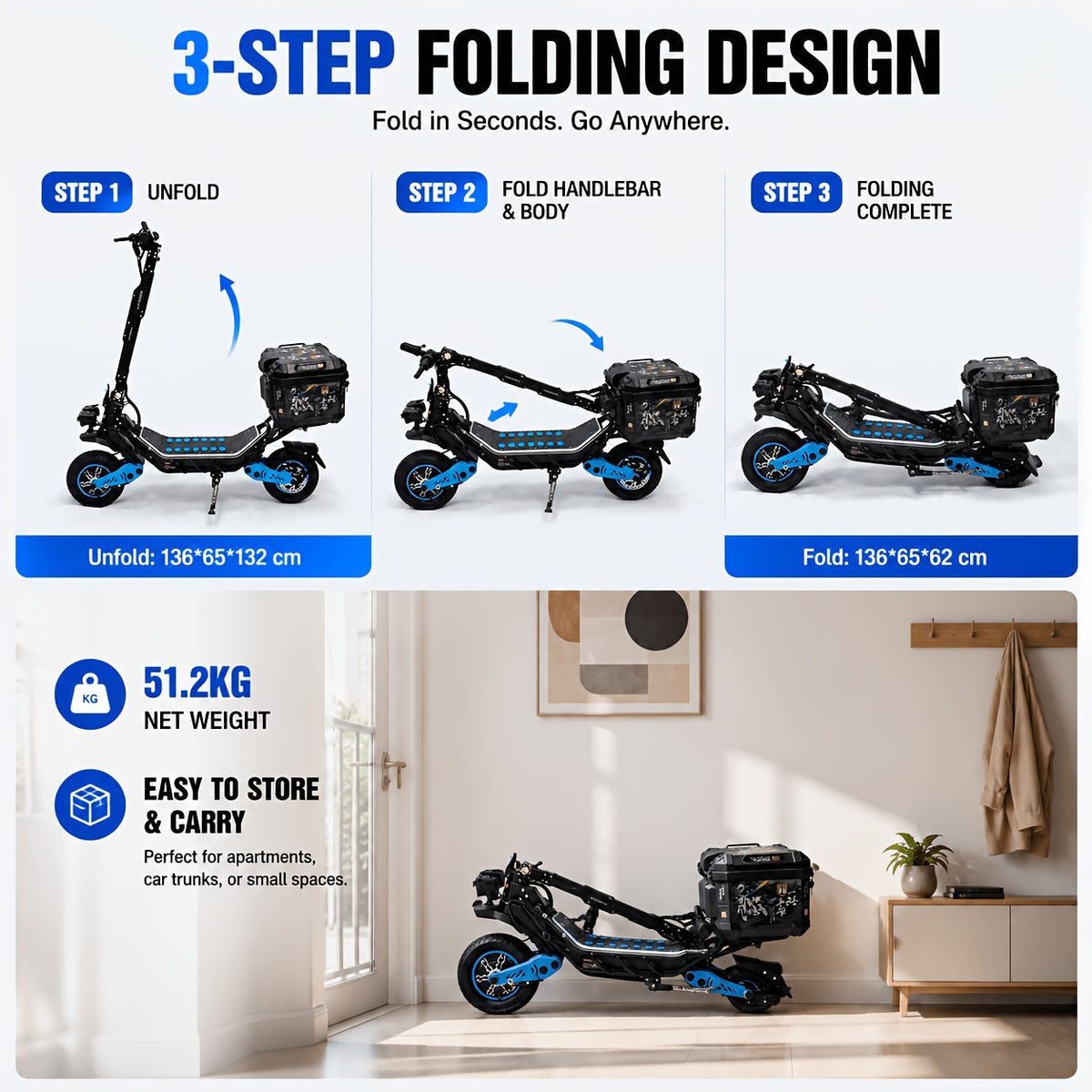 60V 3000W Dual Motor Off-Road Electric Scooter – 12-Inch Fat Tires, Front & Rear Suspension, Dual Hydraulic Brakes, Foldable Design with Bluetooth Music Player for Adults