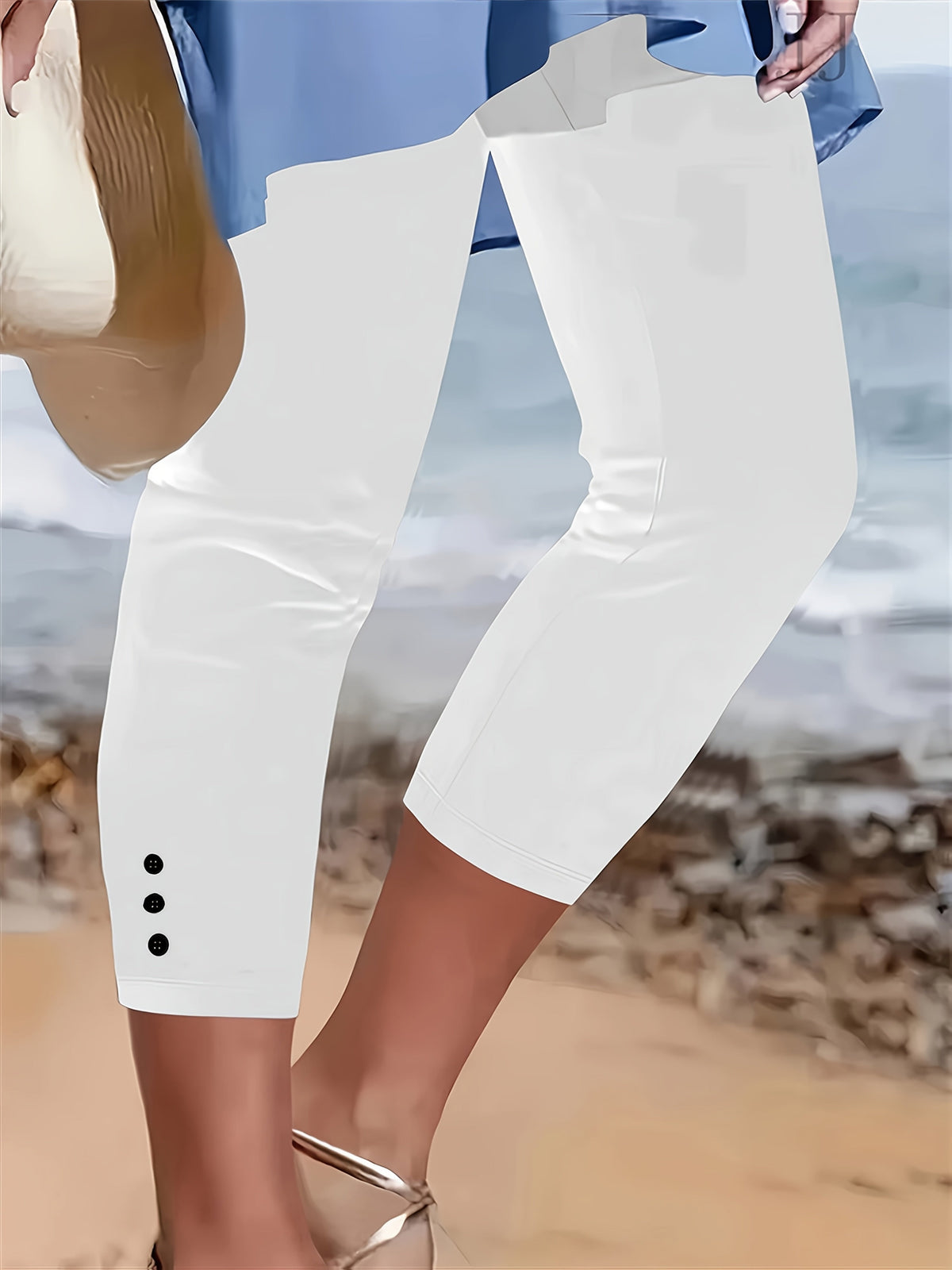 Women's Capri Pants Solid Color Stretchy Button-Front Elastic Waist Three-Quarter Length Trousers Casual Dressy Spring Summer Machine Washable S M L XL XXL