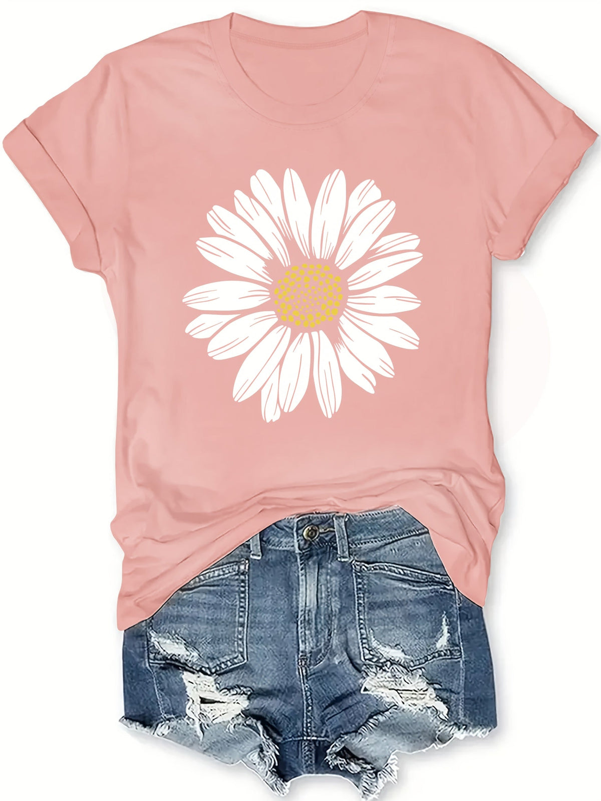 Women's Daisy Flower Print Round Neck T-Shirt | Casual Summer Tops for Women Short Sleeve Tee Shirts Cute Floral Graphic Tshirts S M L XL XXL