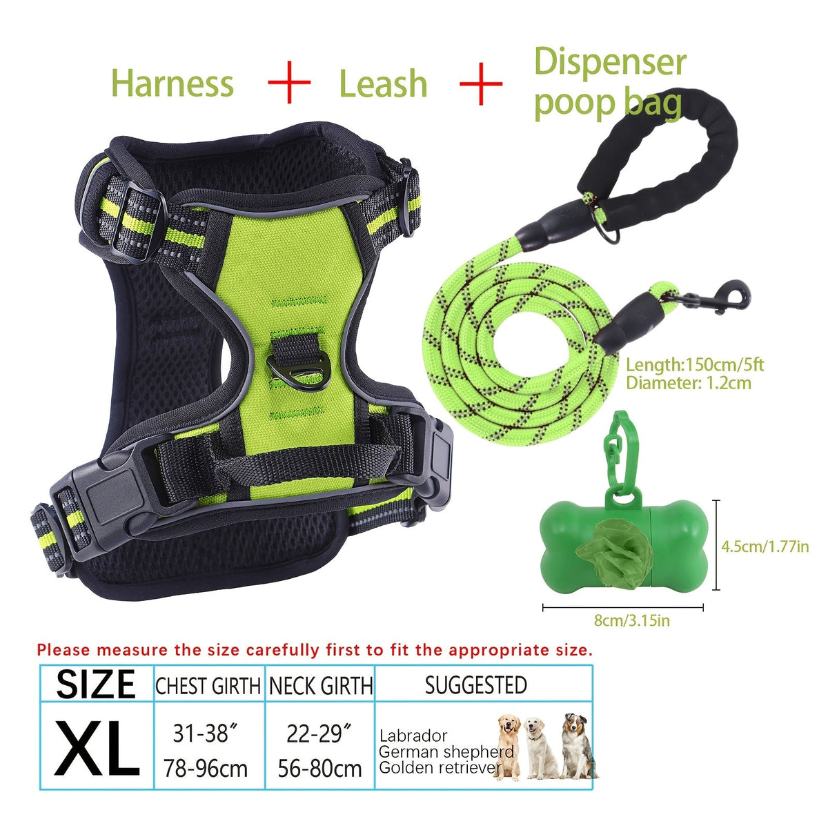 4-Piece Dog Harness and Leash Set No-Pull No-Choke Reflective Oxford Vest Harness with Leash Poop Bag Dispenser Easy Control Handle for Medium Large Dogs Outdoor Training Walking