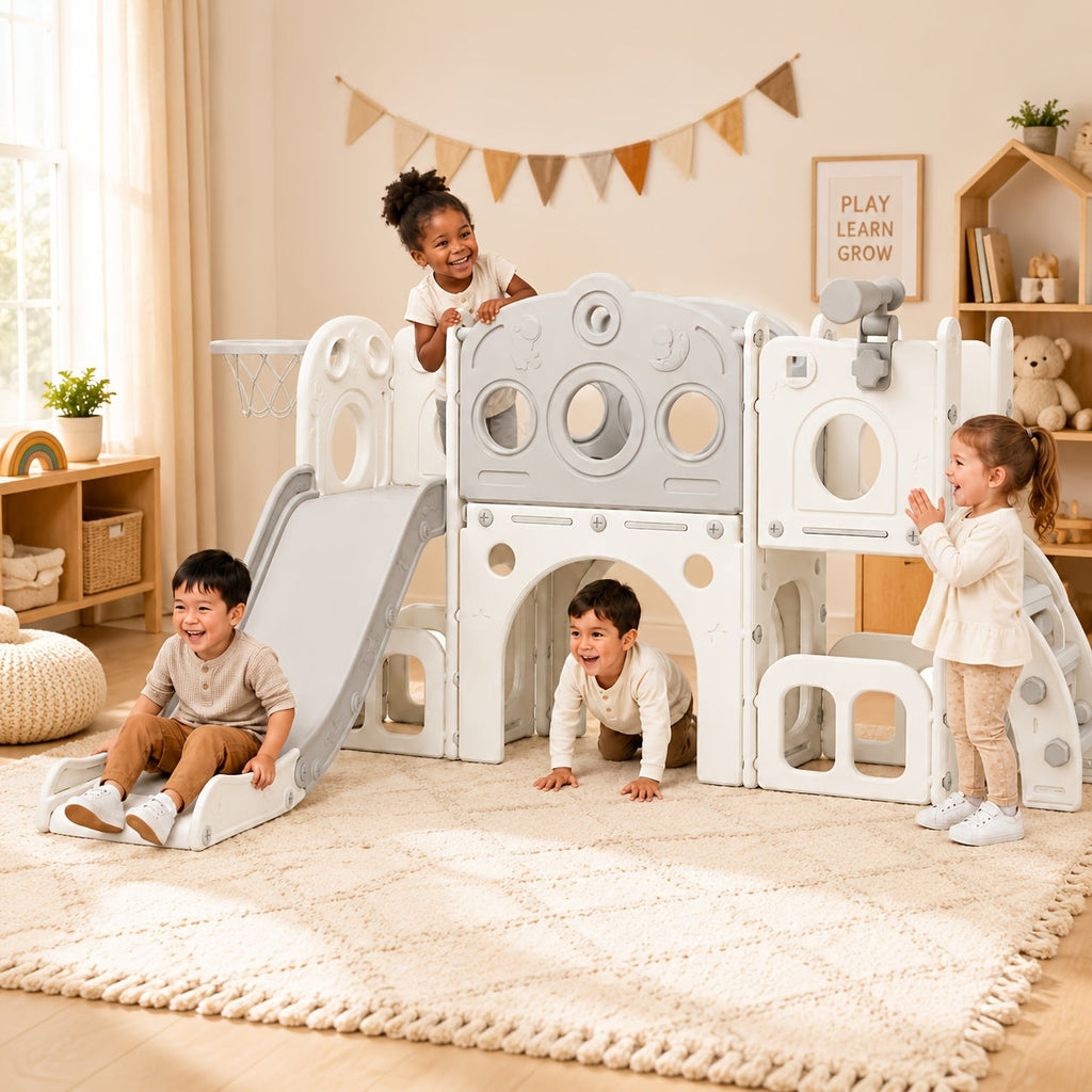 Toddler Kids Slide Outdoor Indoor Playset with Basketball Hoop and Telescope Backyard Playground Equipment for Baby Boys Girls Birthday Gift Grey White Orange Green