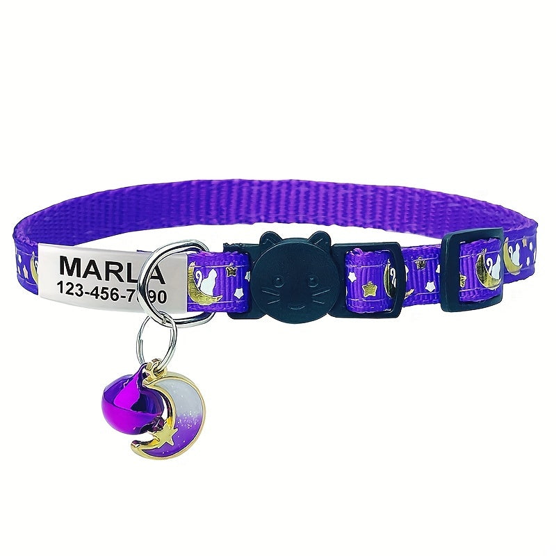Custom Engraved Glow-in-the-Dark Cat Collar with Personalized ID Tag - Safety Breakaway Buckle, Bell & Luminous Night Safety Design, Adjustable Breathable PP Collar with Pet Name, Phone & Address Engraving