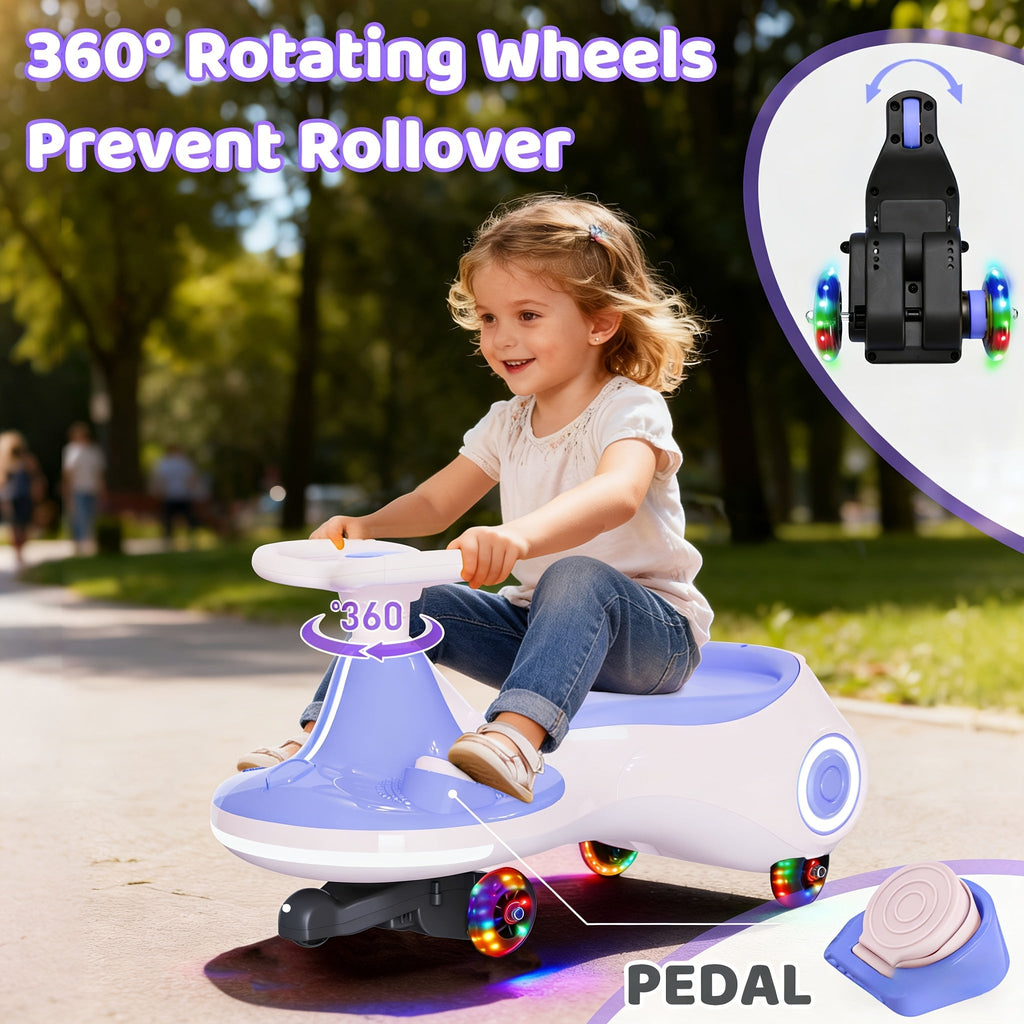 Electric Wiggle Car for Kids 2-in-1 Swing Car with Pedal, Rechargeable Battery, 2 Speeds, Anti-Rollover, Flashing Wheels – Ride-On Toy for Ages 3+ Up to 140 Lbs, Purple Yellow Blue
