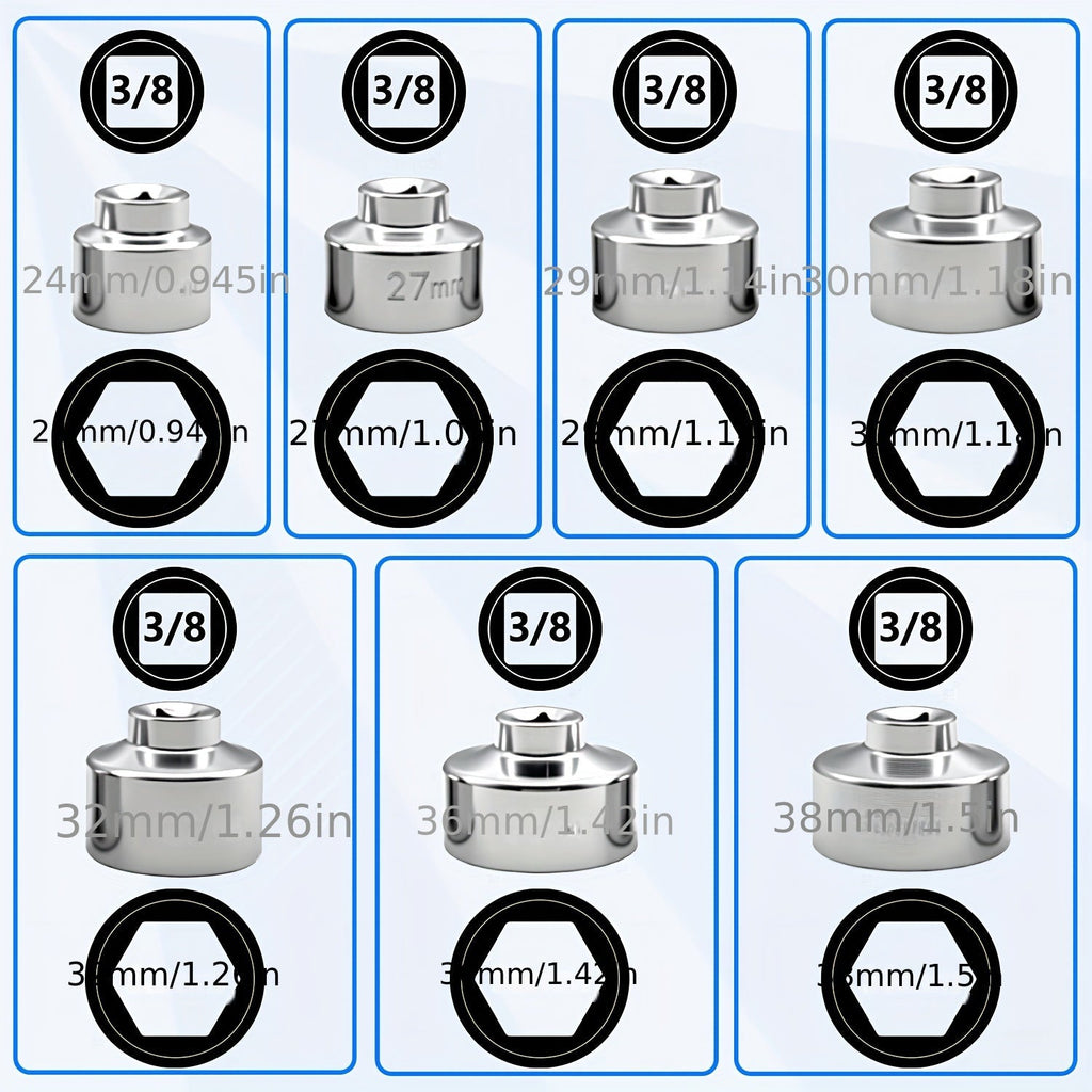 7-Piece Oil Filter Socket Wrench Set 3/8" Drive CR-V Steel 24mm 27mm 29mm 30mm 32mm 36mm 38mm - Universal Oil Filter Removal Tool Kit for Car Oil Changes