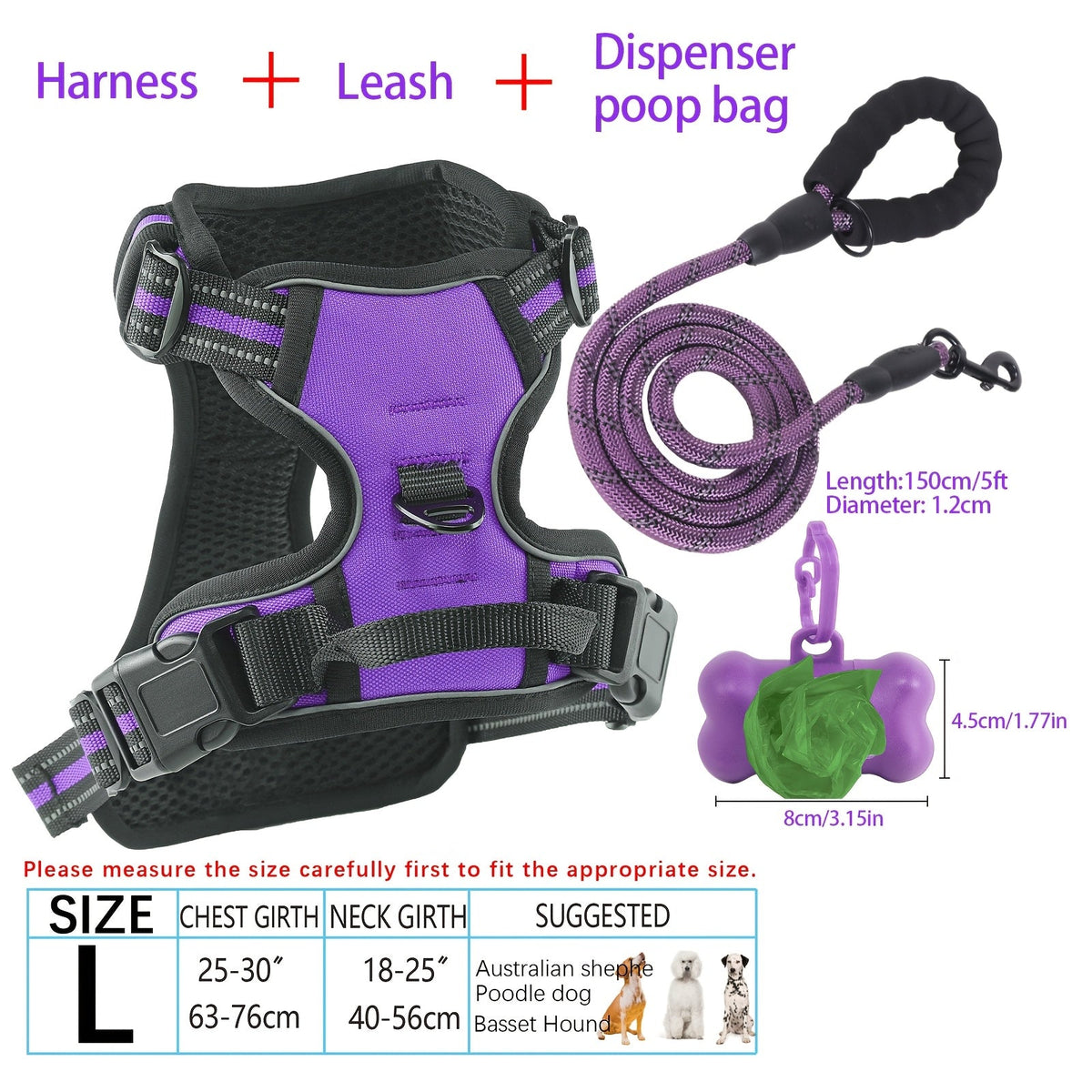 4-Piece Dog Harness and Leash Set No-Pull No-Choke Reflective Oxford Vest Harness with Leash Poop Bag Dispenser Easy Control Handle for Medium Large Dogs Outdoor Training Walking