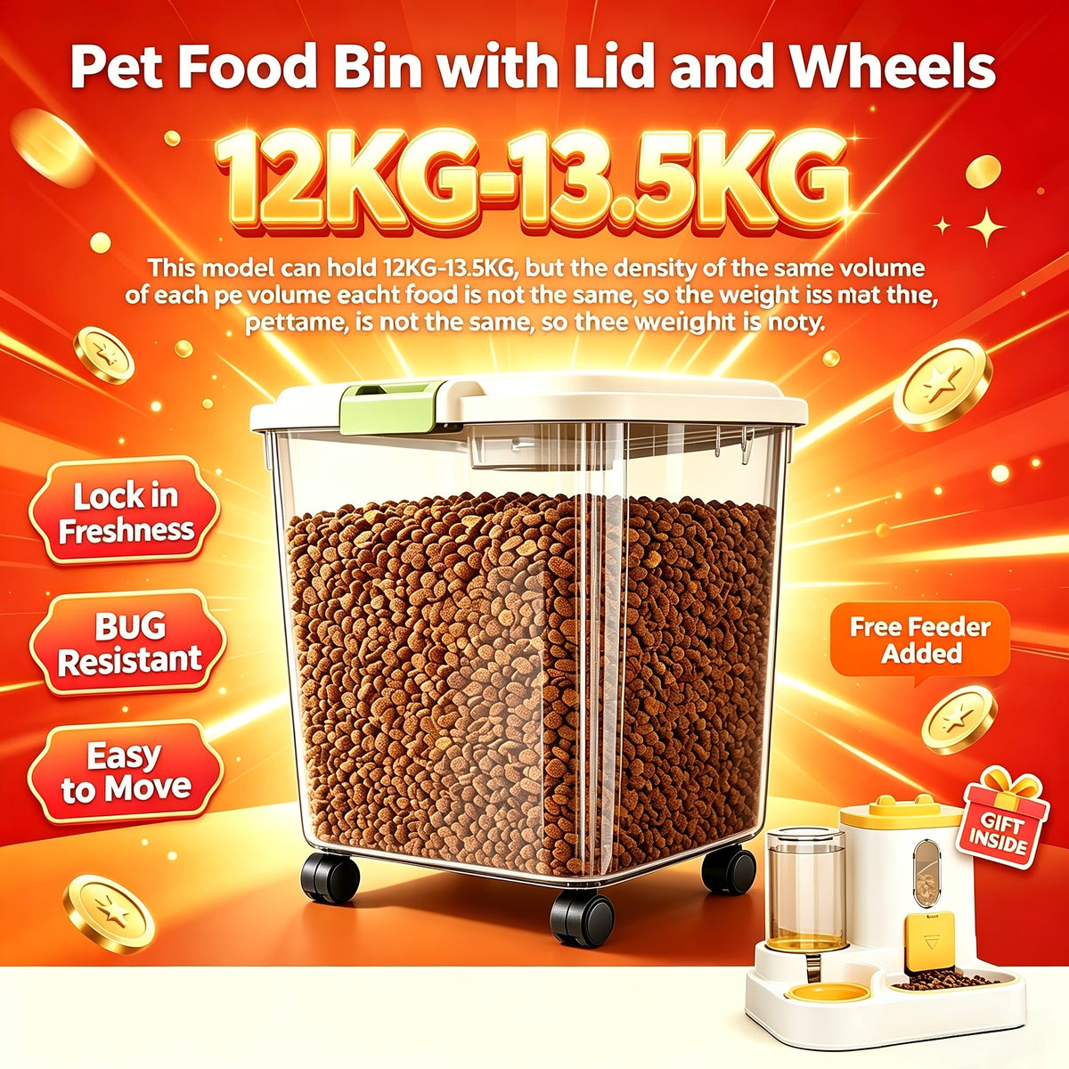 Rolling Pet Food Storage Container with Airtight Lid – Transparent Wheeled Food Bin for Dog Cat Food, Rice & Flour, 3 Capacity Options 5.5–33 lbs, Bonus Feeder Included