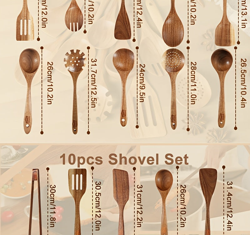 10-Piece Natural Teak Wooden Kitchen Utensils Set - Cooking Spoons, Spatulas & Shovel, Non-Stick Safe, Heat Resistant, Eco-Friendly Wood Cookware Tools for Home Kitchen