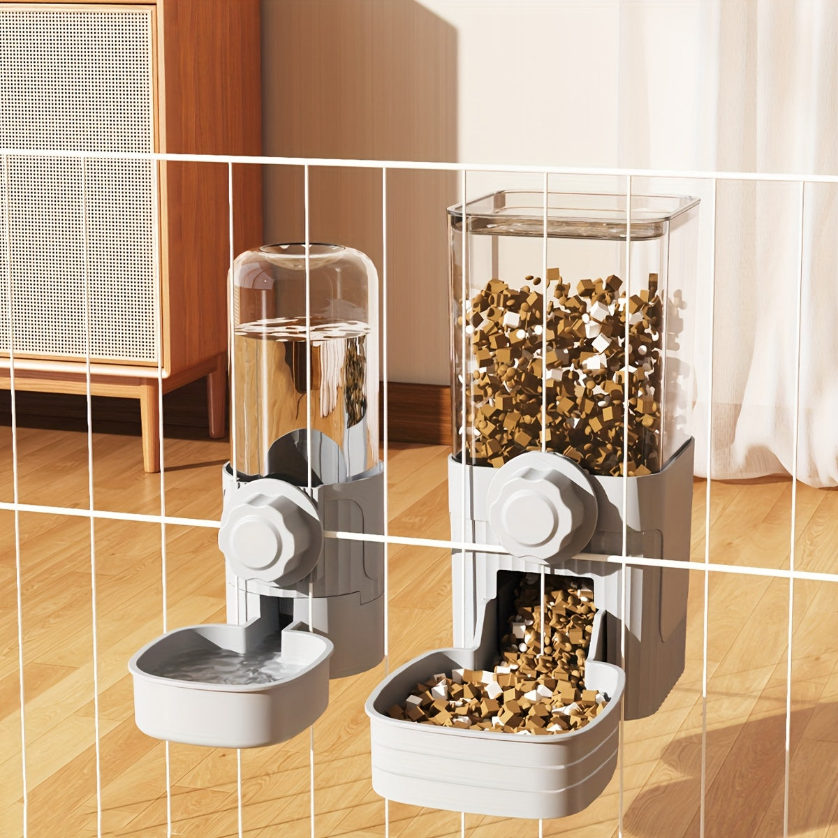 Automatic Hanging Cage Pet Feeder and Waterer Gravity Self-Feeding Drinking Bowl Set for Rabbits Cats Dogs Guinea Pigs 40oz Feeder 17oz Drinker