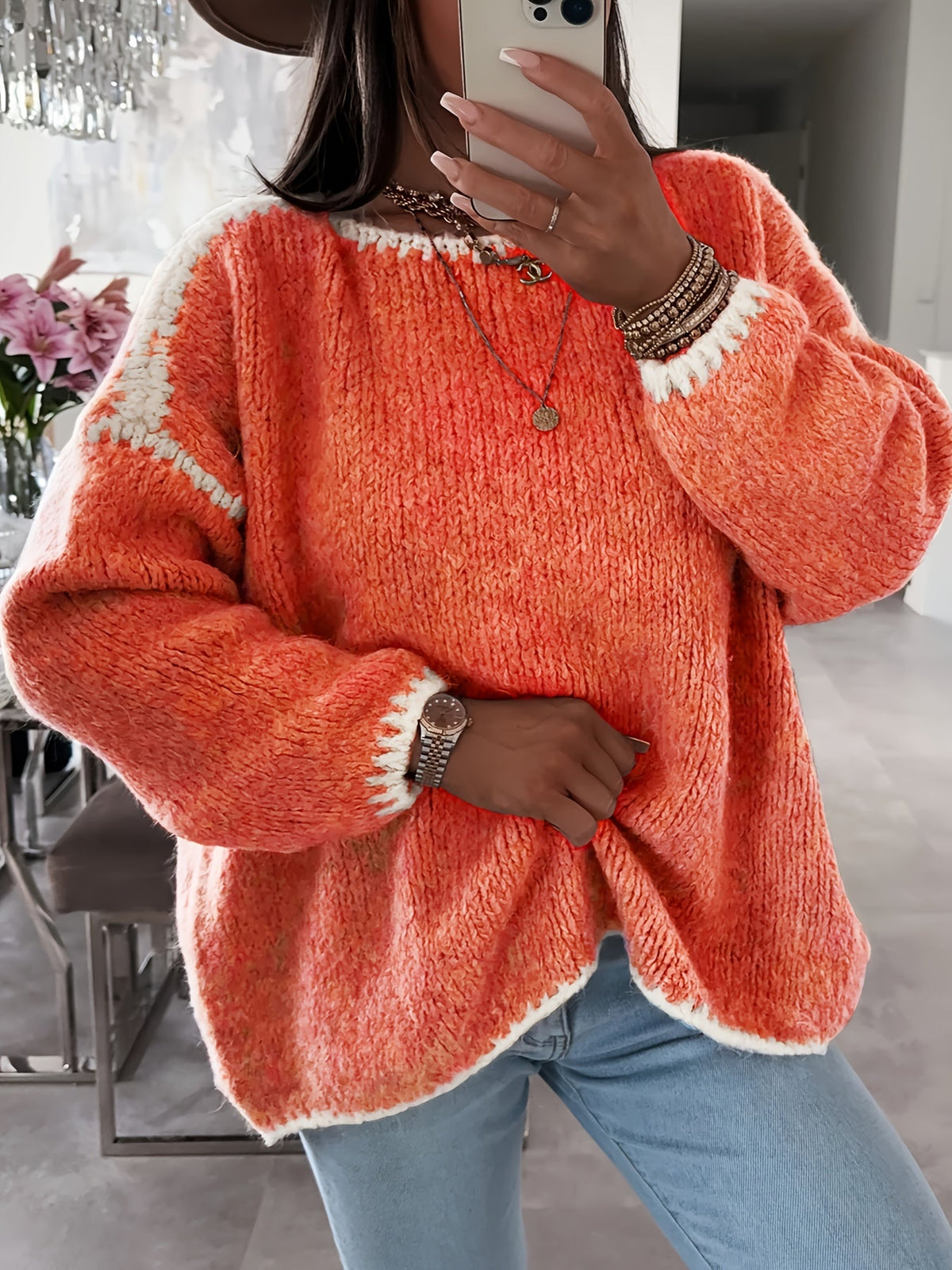 Women's Boat Neck Color Block Pullover Sweater - Casual Long Sleeve Loose Contrast Knit Top for Fall Winter, Off Shoulder Style, 7 Colors, Sizes S-XXL, Soft Polyester Cozy Everyday Sweater