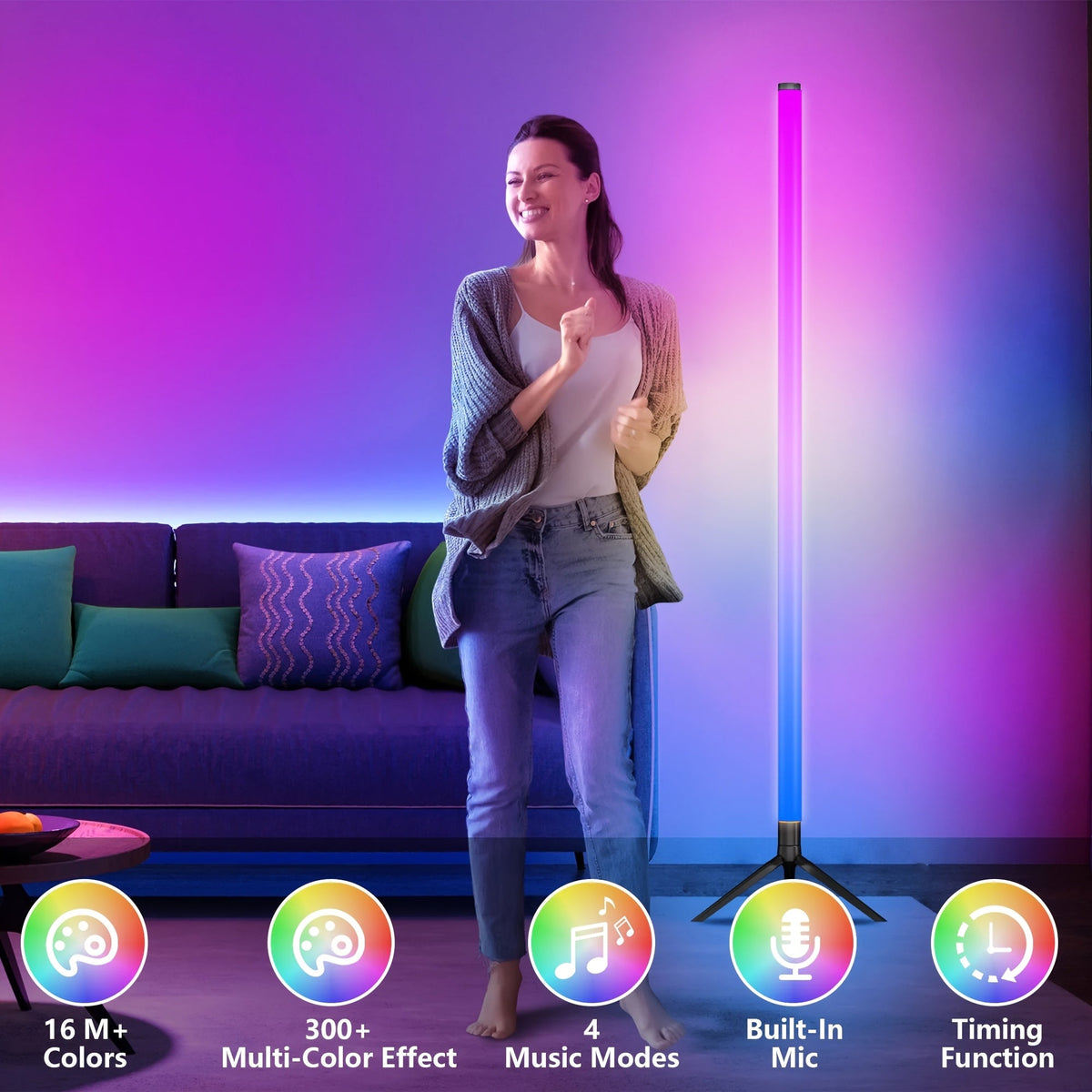 RGB Corner Floor Lamp 16 Million Colors Music Sync, APP & Remote Control, 300+ Effects, 2700K-6000K Dimmable Smart Standing Light for Living Room Bedroom Gaming Room