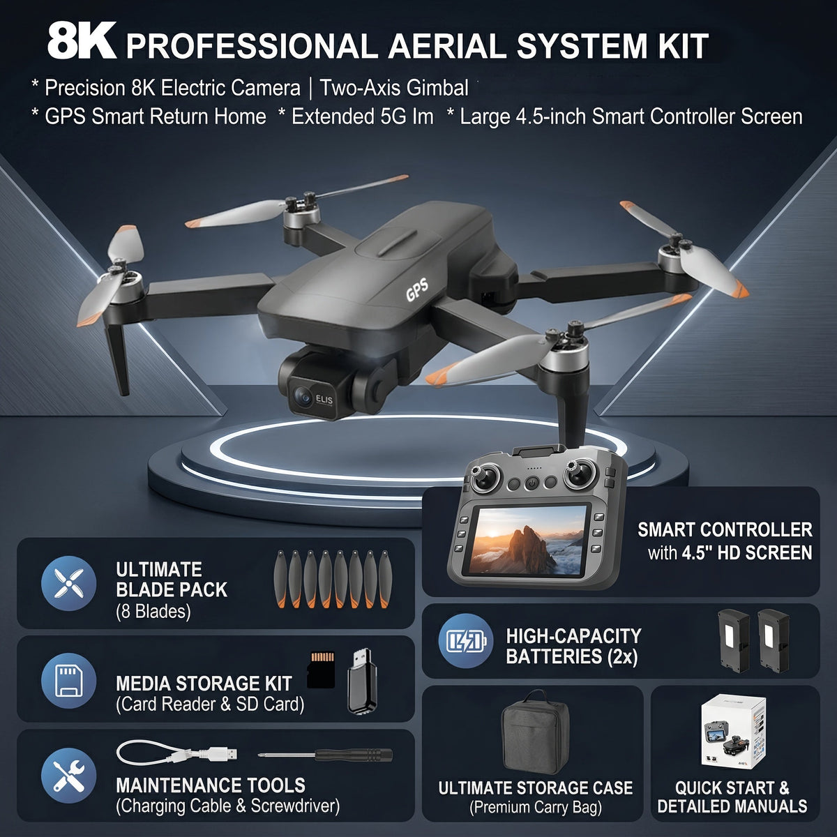 Pro 8K EIS Drone with 2-Axis Mechanical Gimbal, Optical Zoom, 5G Transmission, 4.5" Screen Remote, 40-Min Battery Life, 11811ft Control Range – Professional Aerial Camera Drone for Adults