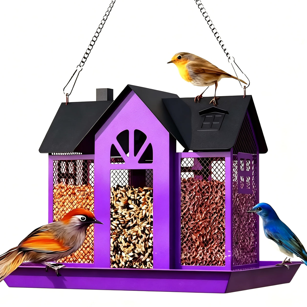 Squirrel Proof Wild Bird Feeder Outdoor – 3-Chamber Metal Mesh Large Capacity Weatherproof Hanging Bird Feeder for Cardinals, Finches & Backyard Birds, Multiple Colors