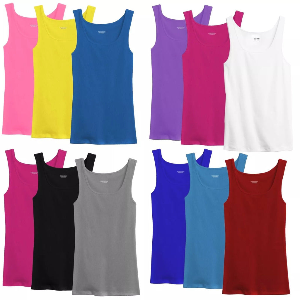 Women's 100% Cotton Ribbed Tank Top Tagless Sleeveless Undershirt Round Neck Multipack 3 6 9 12 Pcs Random Colors S-XXL