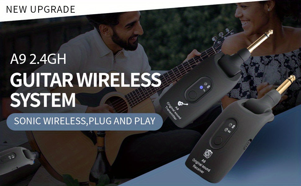 Wireless Guitar System 2.4GHz with Rechargeable Battery - Low Latency Audio Transmitter & Receiver for Electric Guitar, Acoustic, Bass, Violin & Keyboard, Plug & Play Instrument Wireless Kit