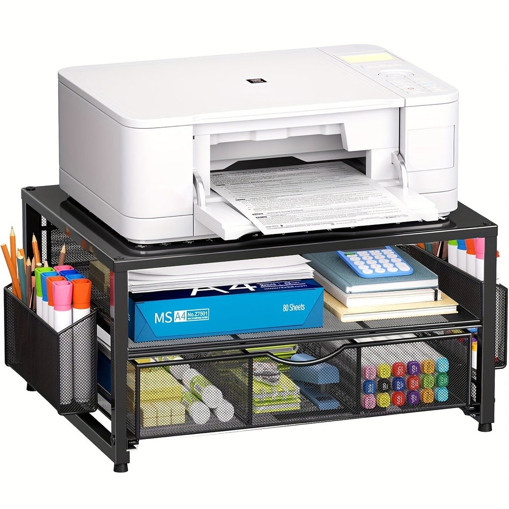 Metal Printer Stand for Desk with Storage Drawer & 2 Pen Holders – 2-Tier Desktop Organizer for Home Office, Multi-Purpose Printer Table for Fax Machine Scanner Files, Wood & Black