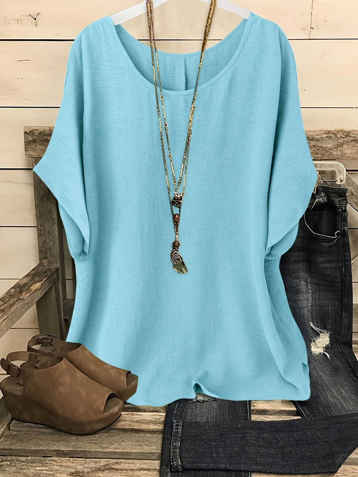 Women's Glossy Loose Fit Beach Top – Round Neck Short Sleeve Solid Color Vacation Shirt for Summer Casual Outing