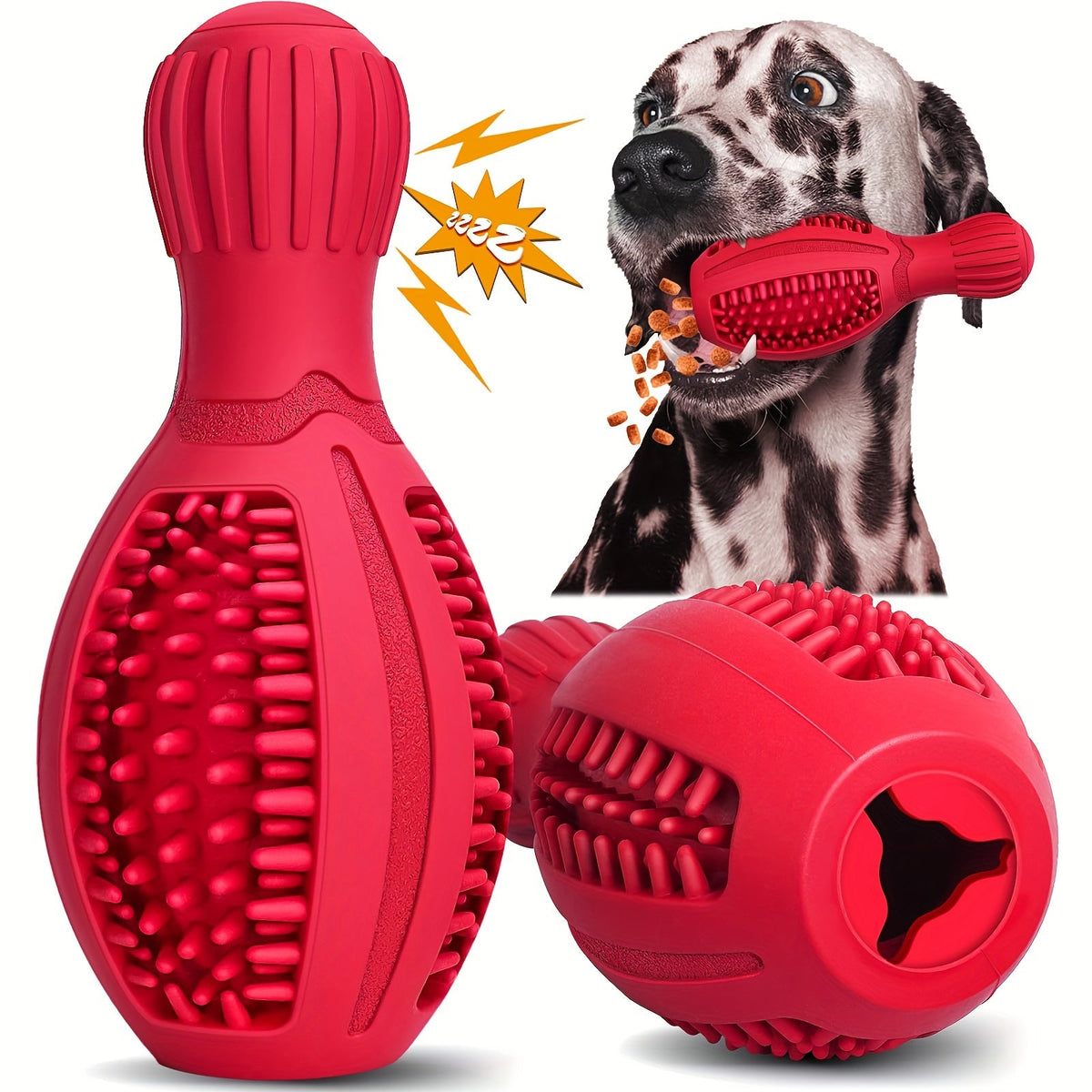 Interactive Dog Chew Toy with Slow Feeder & Food Dispenser - Durable Rubber Teeth Cleaning Puzzle Toy for Small Medium Large Breed Dogs, Squeaky Training Toy