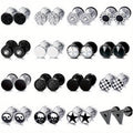 16-Pair Fake Gauge Stud Earrings for Men & Women – 316L Stainless Steel Faux Plug Screw Barbell Ear Studs, 8mm Black & Silver Assorted Styles, Hypoallergenic Earring Set Gift