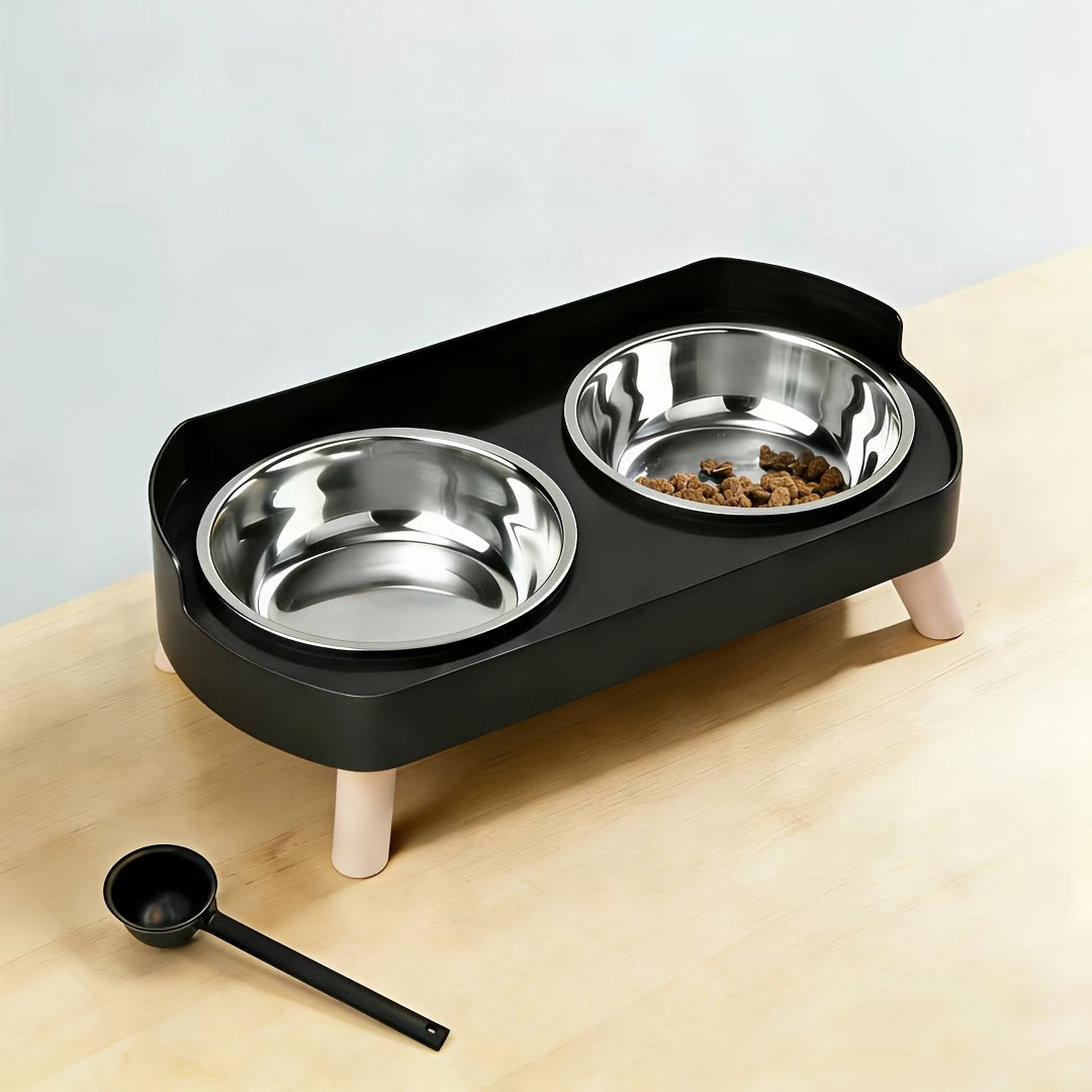 Elevated Cat Bowls Raised Stainless Steel - Double Cat Food and Water Bowl Set, Anti-Vomit Neck Protection, Non-Slip Feeder Stand, Splash-Proof Dishwasher Safe, Includes 2 Bowls & Pet Food Scoop for Indoor Cats