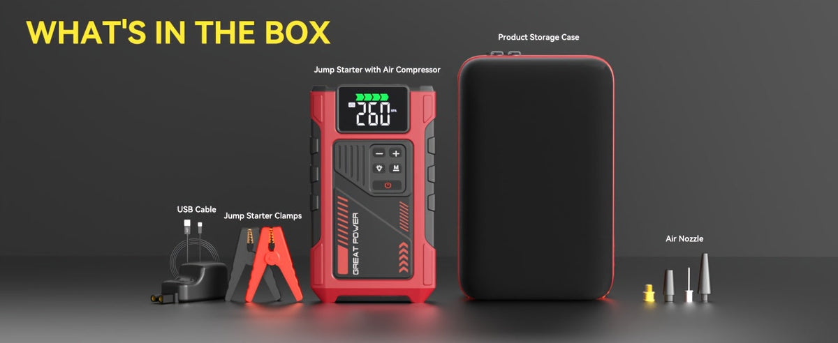 4000A Car Jump Starter with Air Compressor, 150PSI Tire Inflator & LED Light, Portable 12V Battery Jump Starter Pack for Gas 8.0L / Diesel 6.5L Engines – Car Emergency Kit