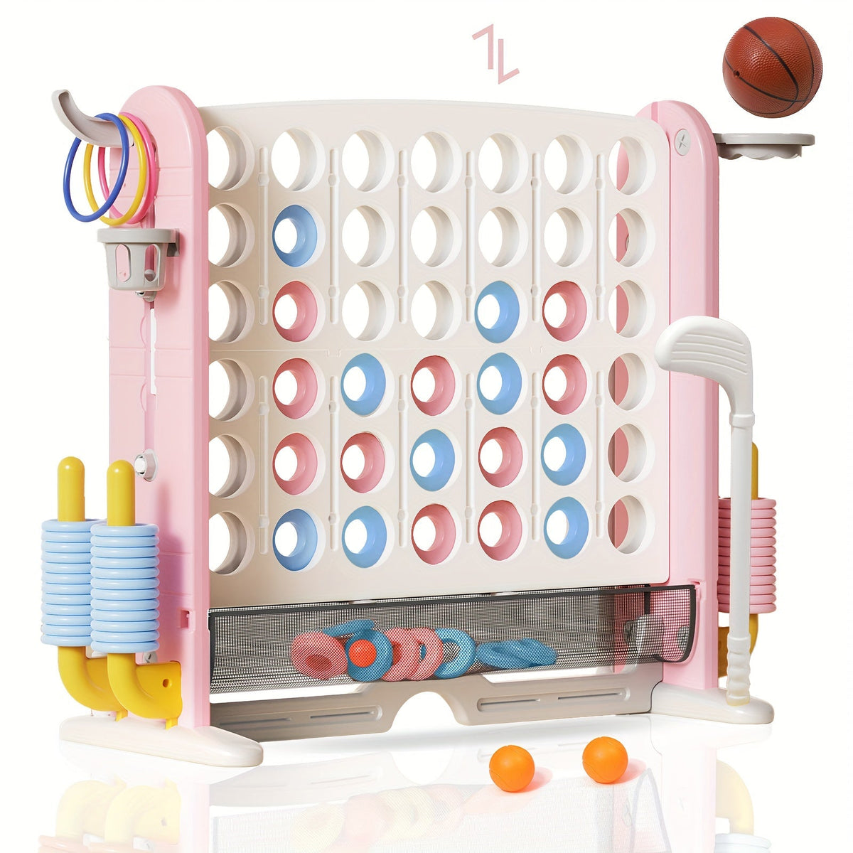 Giant 4-in-1 Outdoor Game Set Height Adjustable 2.6-3.2FT Connect Four Game with Quick Release Slider Mesh Pocket Kids Adults Backyard Party Birthday Gift Boys Girls Family Fun Yard Game