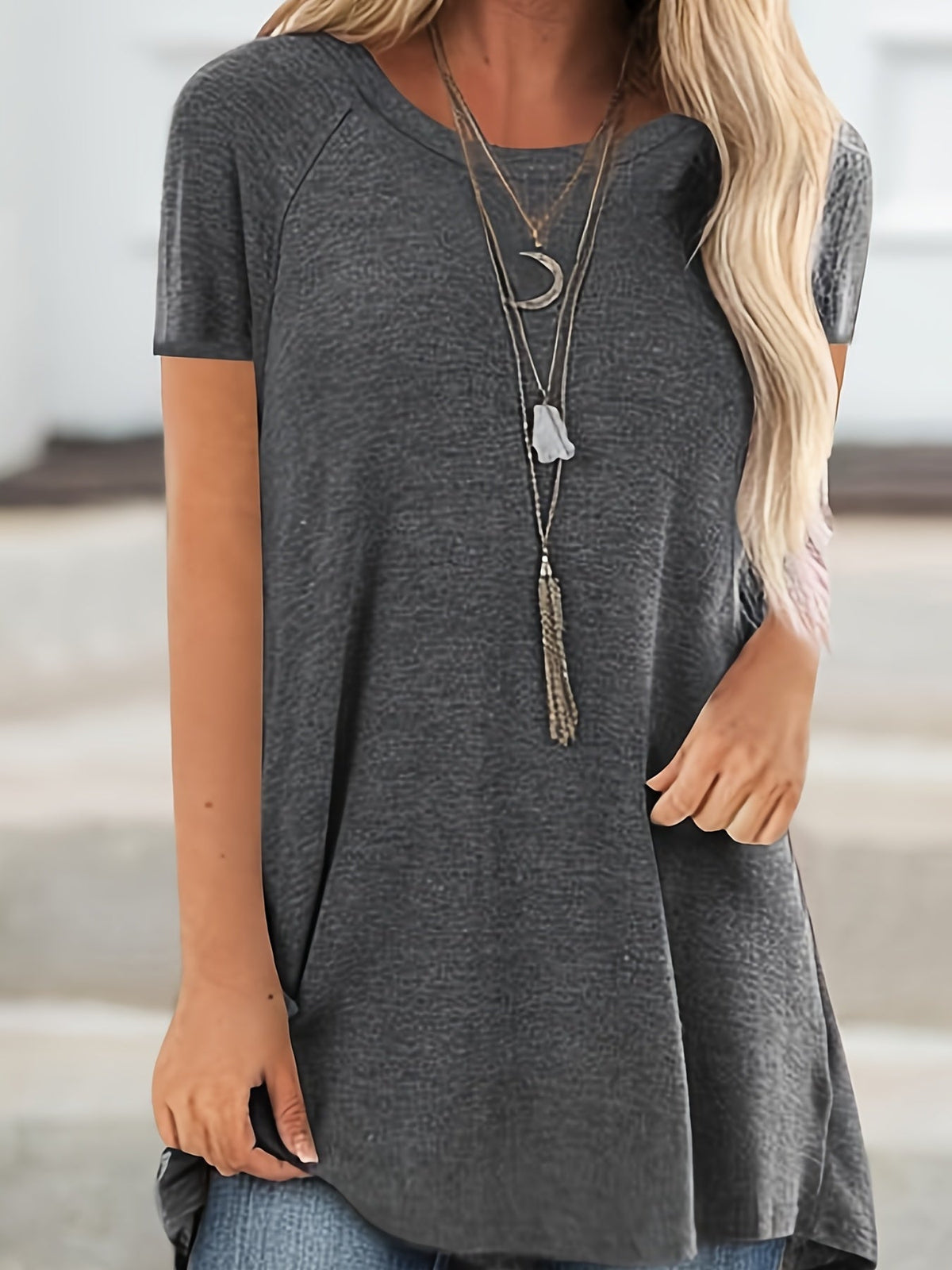 Women's Longline Raglan Short Sleeve T-Shirt – Solid Color Loose Fit Dipped Hem Knit Top in 15 Colors, 35% Viscose 60% Polyester 5% Elastane