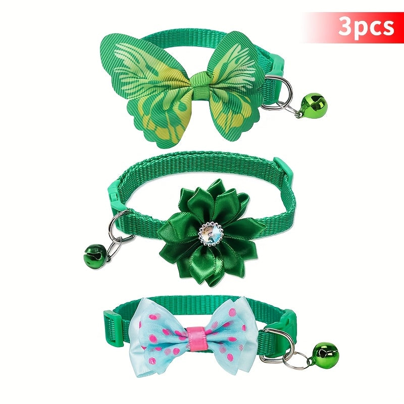 Floral Cat Collars with Bell & Bow Tie 3-Pack - Adjustable Pink & White Polyester Pet Collars for Cats & Small Dogs, Cute Breakaway-Style Kitten Collar Set with Decorative Bell and Bow Knot Accent
