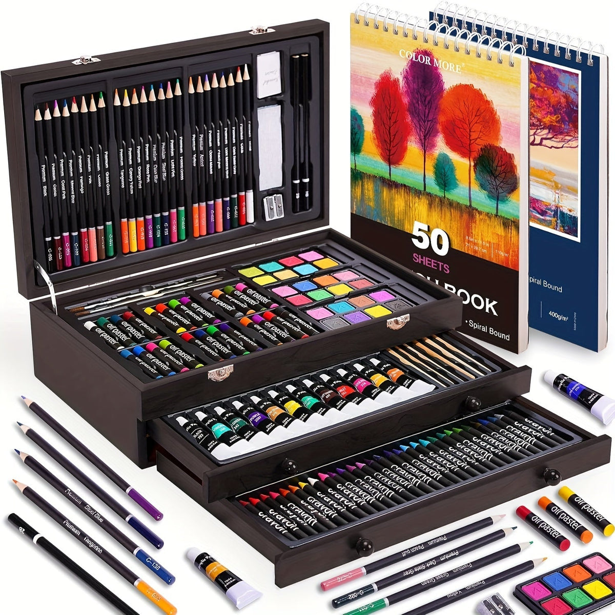 175-Piece Deluxe Art Set in Wooden Case – Complete Art Kit with Drawing Pads, Crayons, Acrylic Paints & Colored Pencils, Professional Artist Supplies Gift for Kids Teens Adults, All Occasions