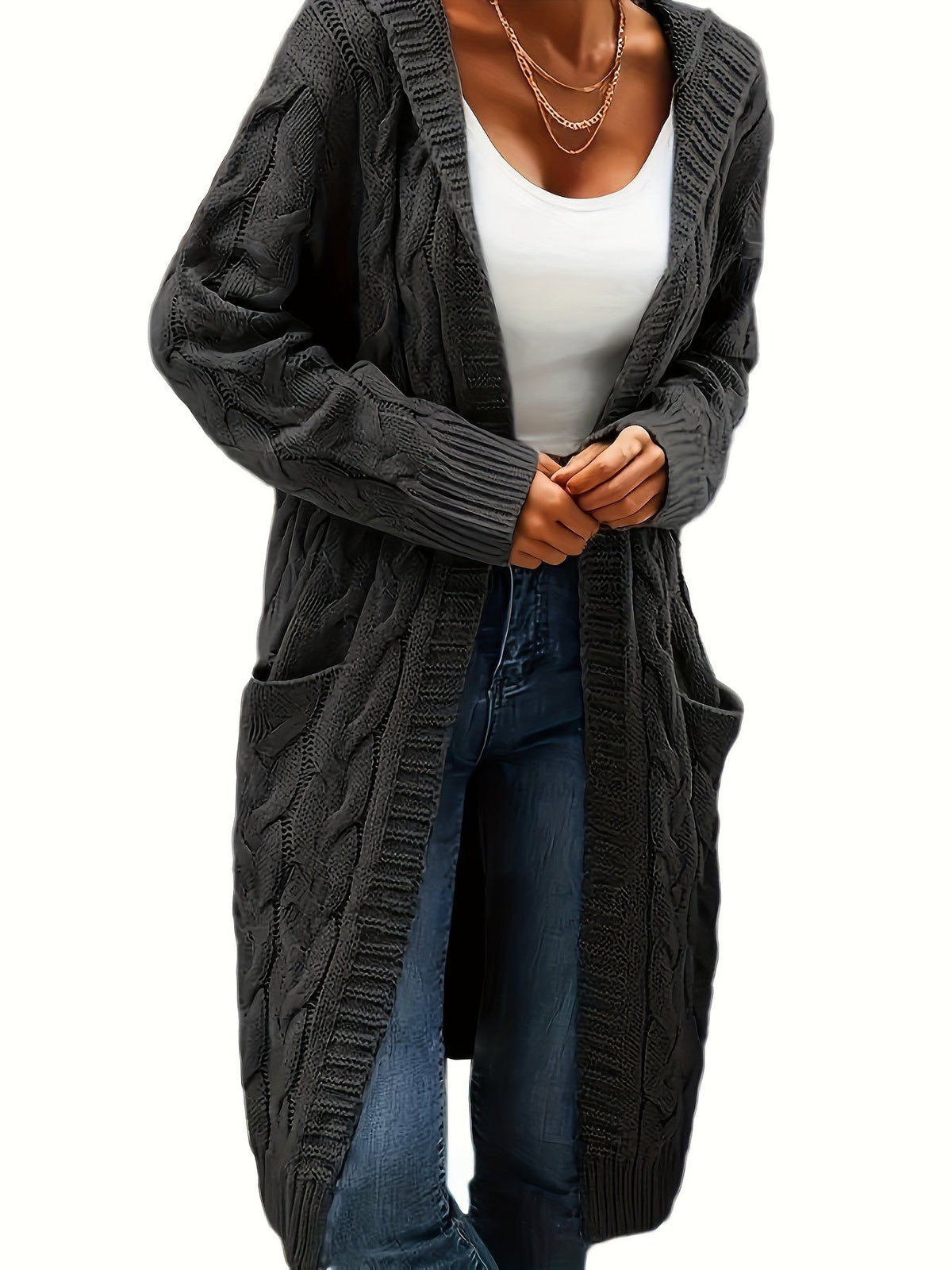 Women's Solid Color Knit Cardigan Sweater – Soft Stretch Polyester Open Front Layering Jacket for Fall Winter