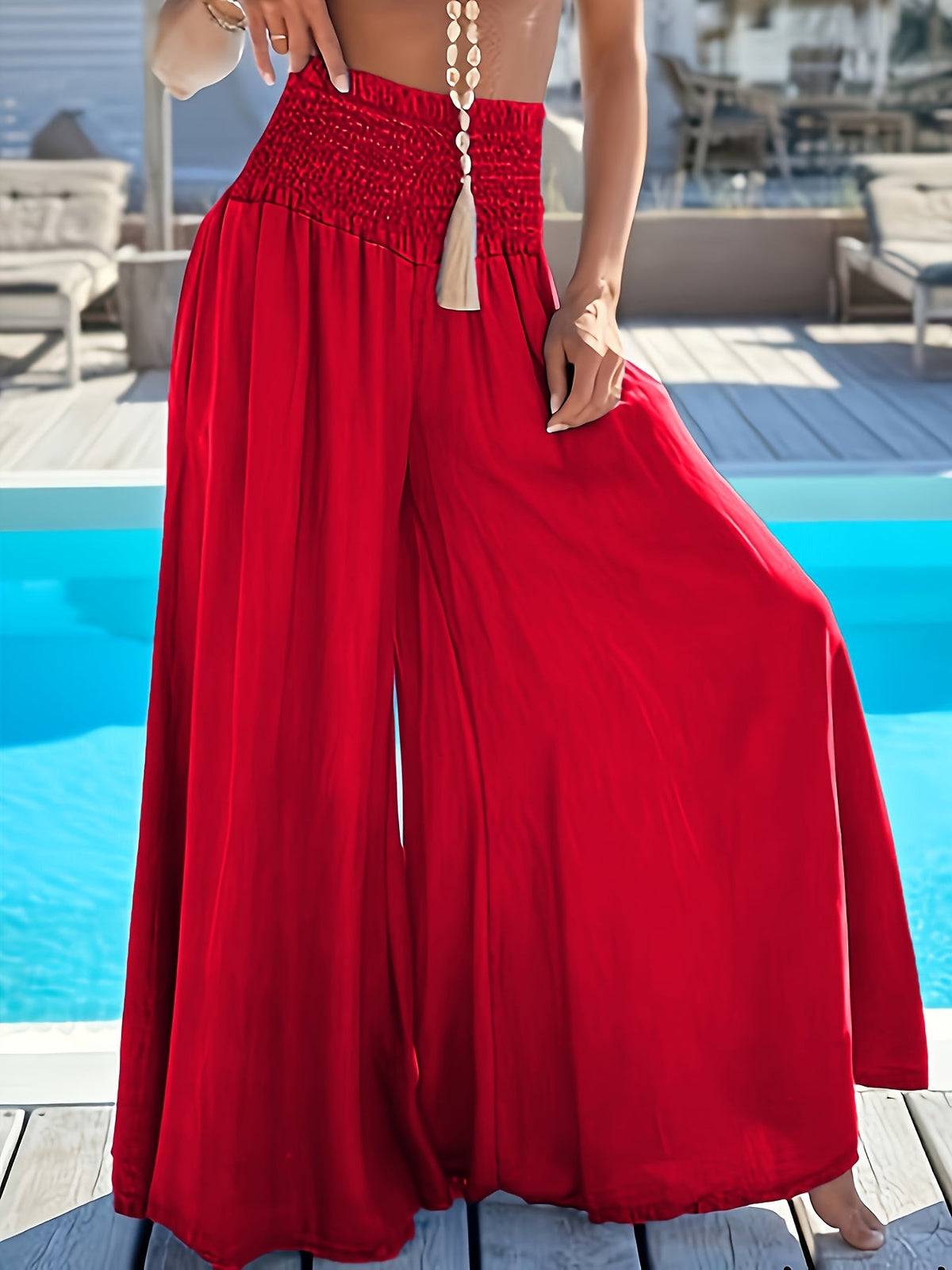 Women's Wide Leg Flare Pants Elastic Waist Loose Fit Vacation Casual Trousers Elegant Bottoms White Black Red Peacock Blue XS-XXL