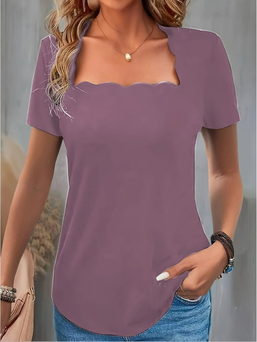 Women's Square Neck T-Shirt - Solid Color Short Sleeve Formal Basic Top | 100% Polyester Slim Fit Summer Daily Fashion Ladies Tee