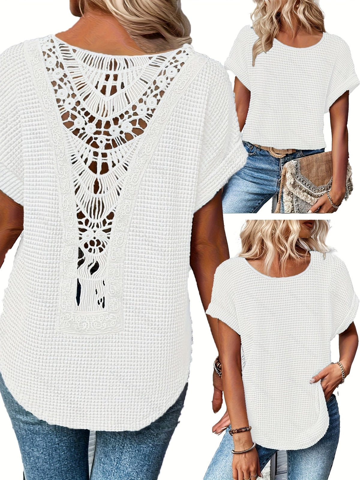 Lace Patchwork Round Neck Short Sleeve T-Shirt Women Summer Casual Flowy Top Peacock Blue Khaki Black White S M L XL XXL