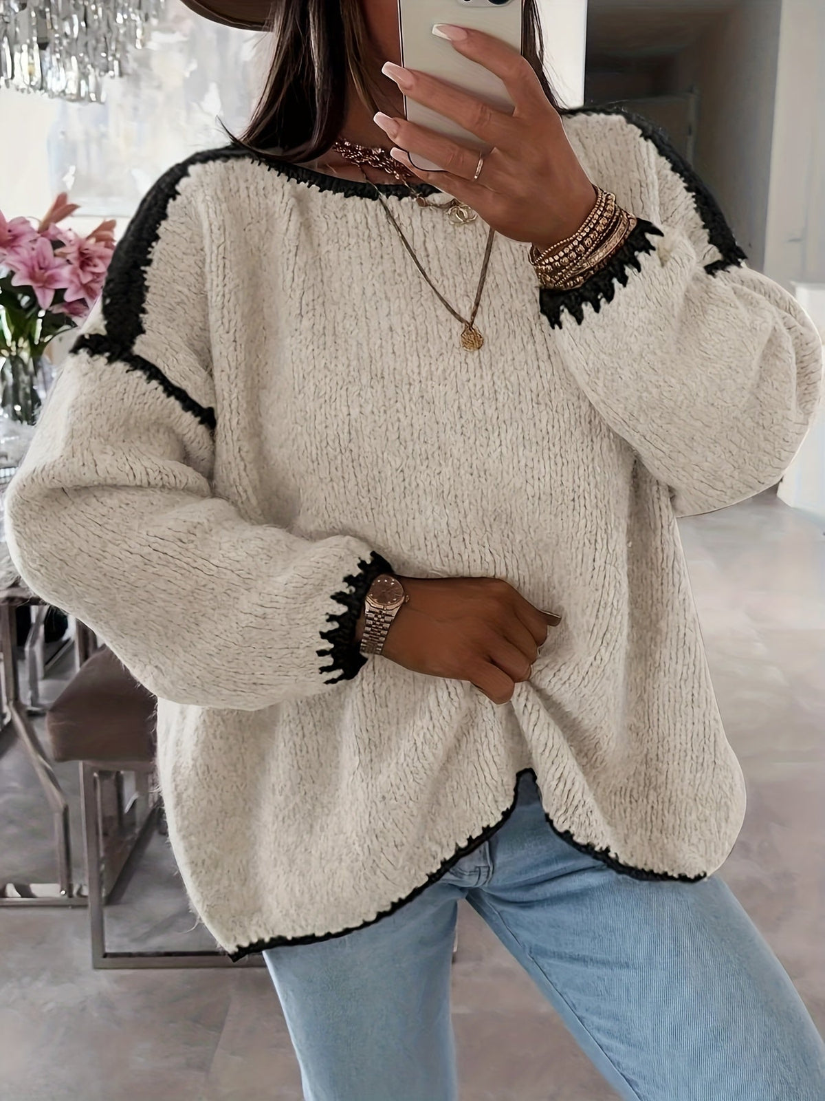 Women's Boat Neck Color Block Pullover Sweater - Casual Long Sleeve Loose Contrast Knit Top for Fall Winter, Off Shoulder Style, 7 Colors, Sizes S-XXL, Soft Polyester Cozy Everyday Sweater