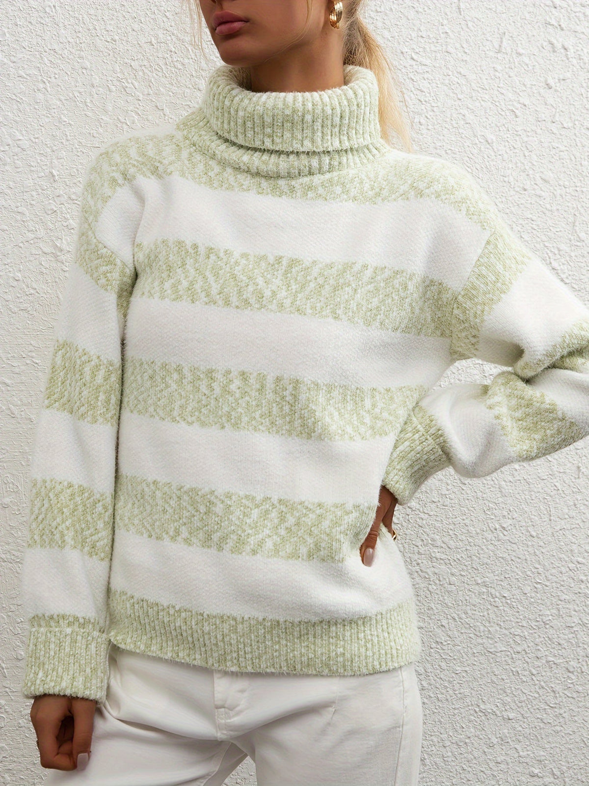 Women's Faux Mink High-Neck Sweater - Thick Loose Fit Striped Pullover | Warm Fall Winter Outerwear Base Layer Knit Top