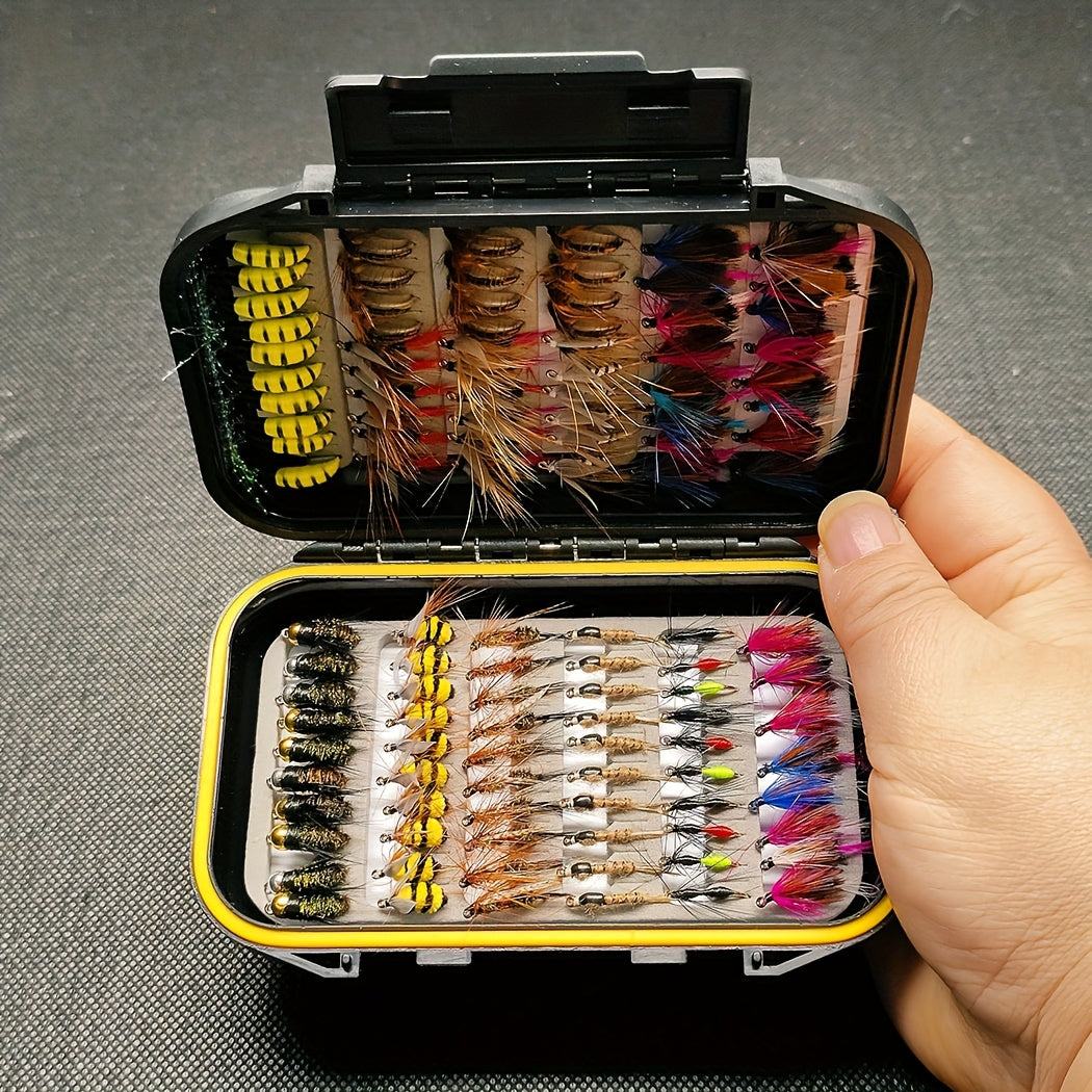 114-Piece Fly Fishing Lures Assortment with Portable Box - 11 Mixed Styles Dry/Wet Flies, Nymphs & Streamers, Size 10 Hooks for Trout, Bass, Salmon, Steelhead & Carp - Freshwater & Saltwater