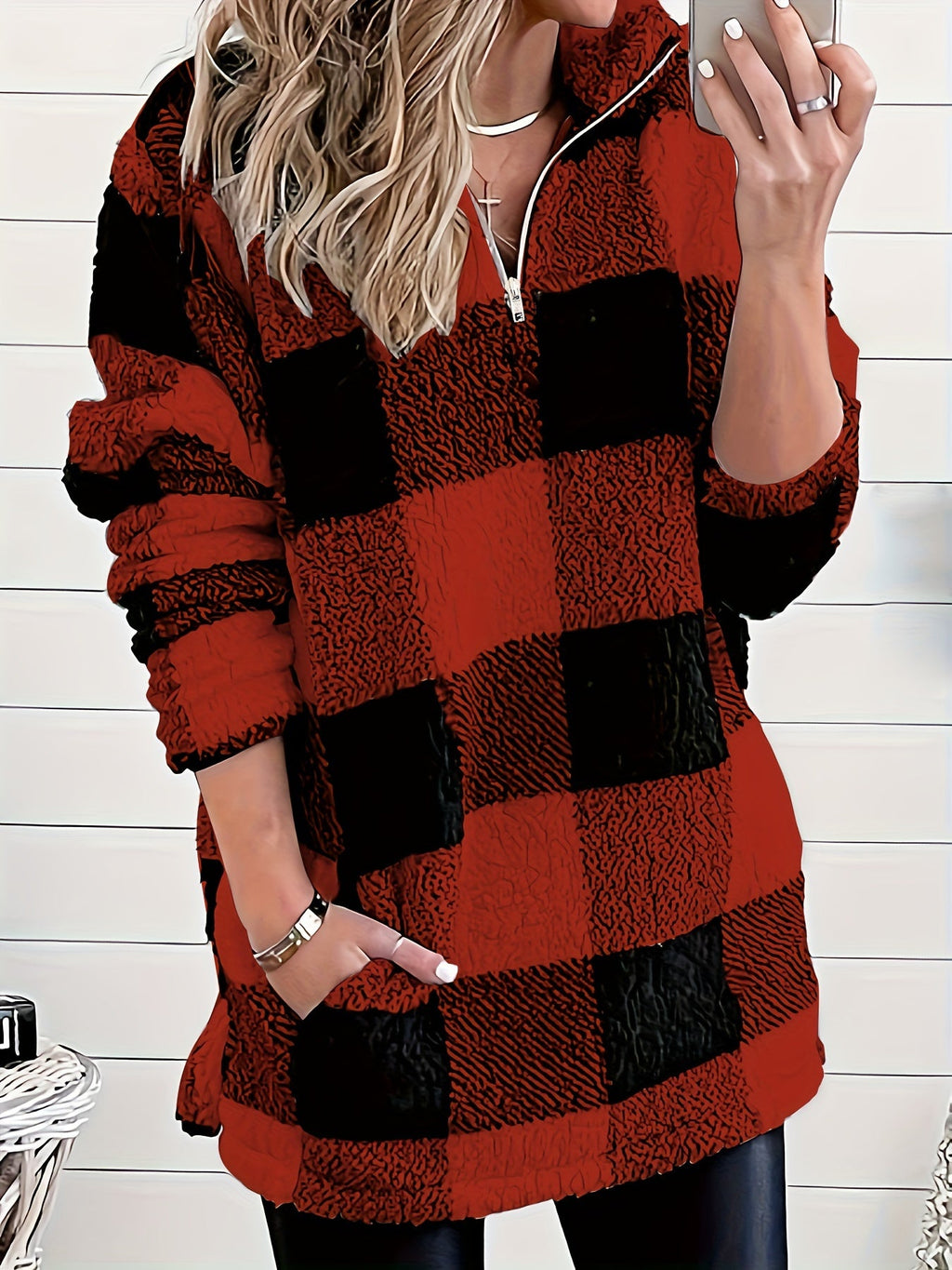 Geometric Pattern Fuzzy Sweatshirt Women High Neck Suede PU Casual Top – Knit Mid Elasticity Non-Sheer Pullover Mixed Colors Deep Red S-XXL